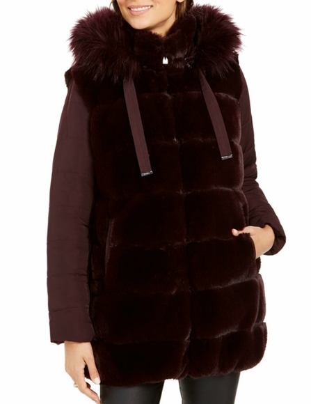 Via Spiga Jackets & Blazers - Via Spiga Luxe Faux Fur Puffer Coat Hood Burgund